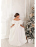 Puff Sleeves Ivory Satin Flower Girl Dress With Beaded Belt